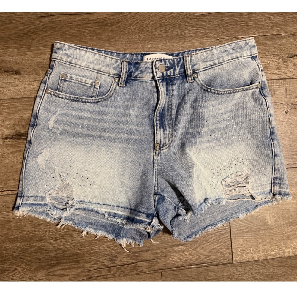 Rebecca Minkoff Denim Shorts Embellished Rhinestone Distressed Frayed Hem Size 6